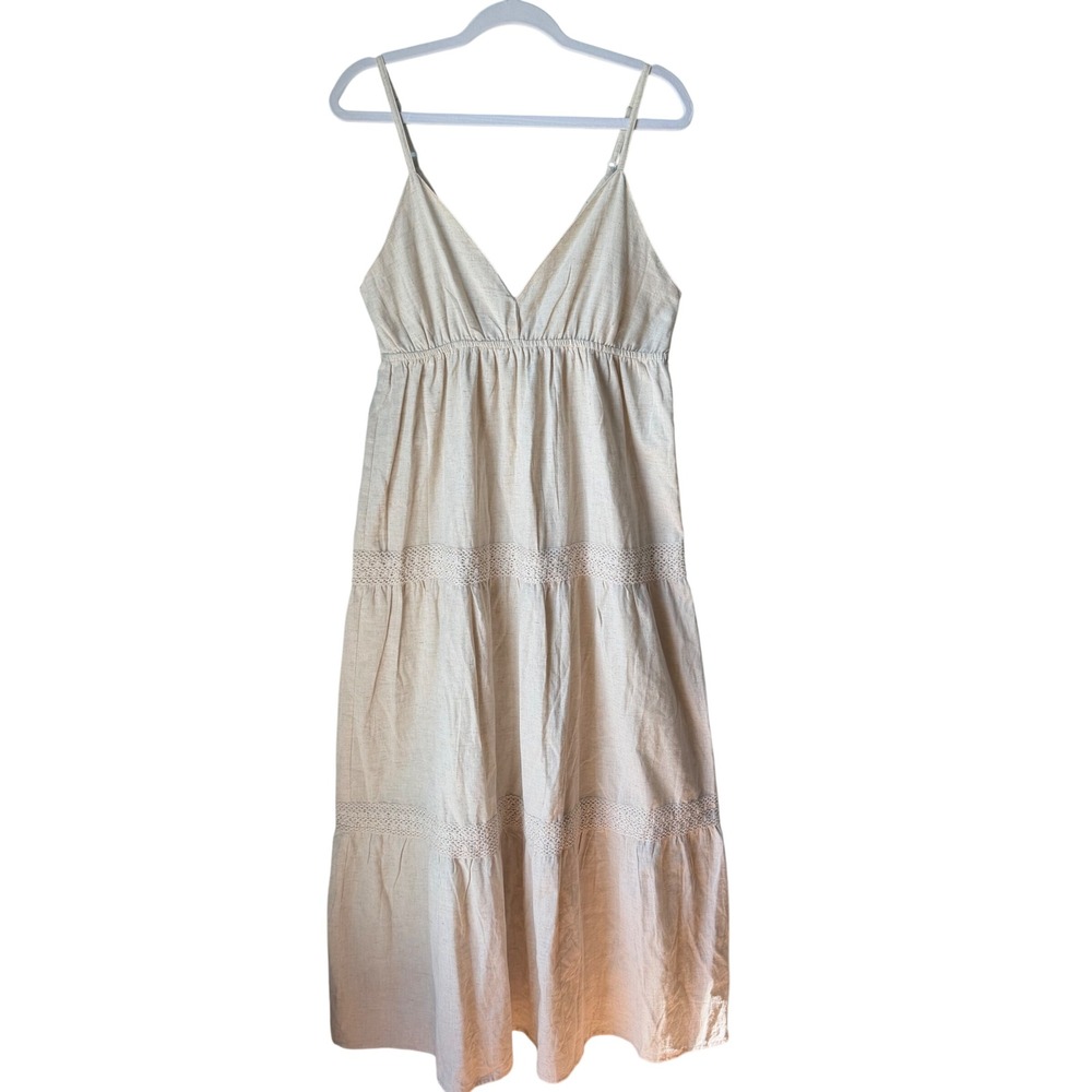 Sim & Sam Ivory Linen Cotton Blend Maxi Dress Tiered Crochet Spaghetti Strap L